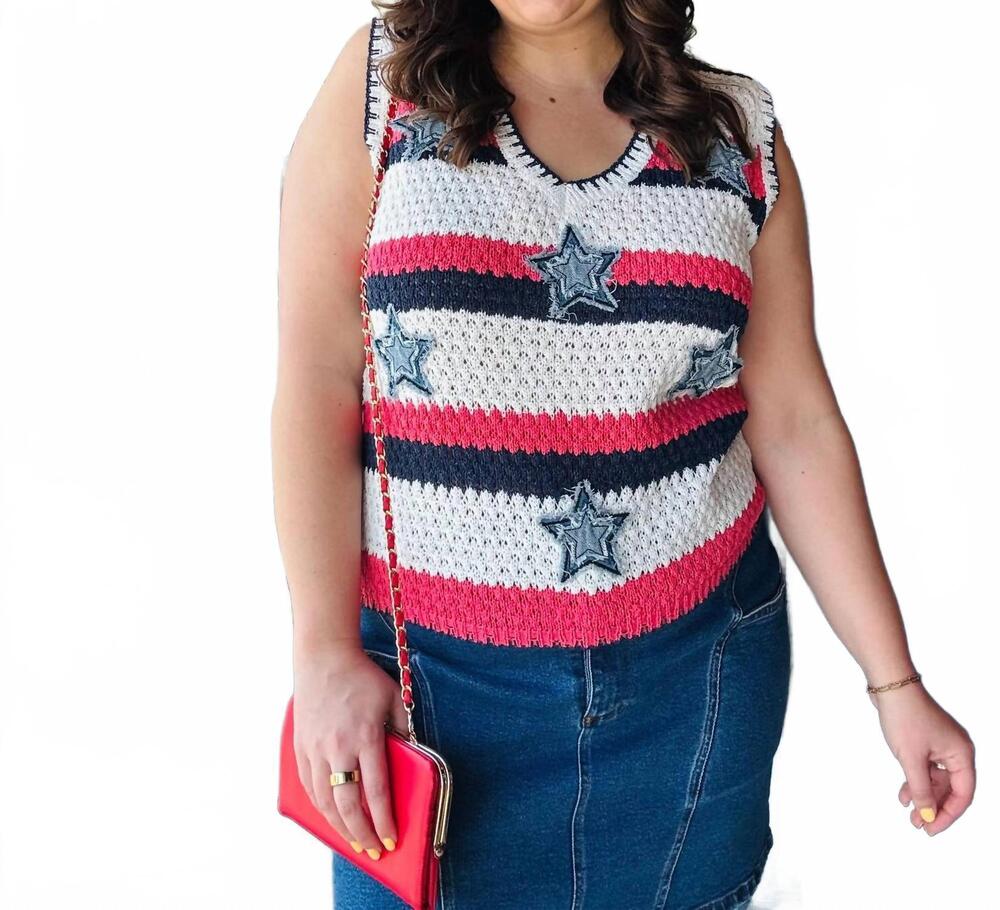 NEW SOUTHERN GRACE women's star patch crochet sweater tank top in white multi